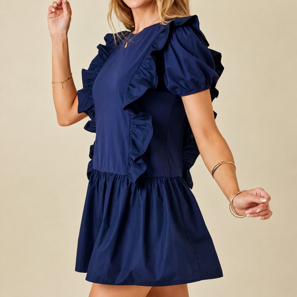 Day + Moon Navy Ruffle Puff Sleeve Drop Waist Babydoll Mini Dress L Coquette